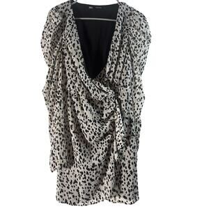 Zara Animal Print Ruched Mini Wrap Dress – Long Sleeve – Size M